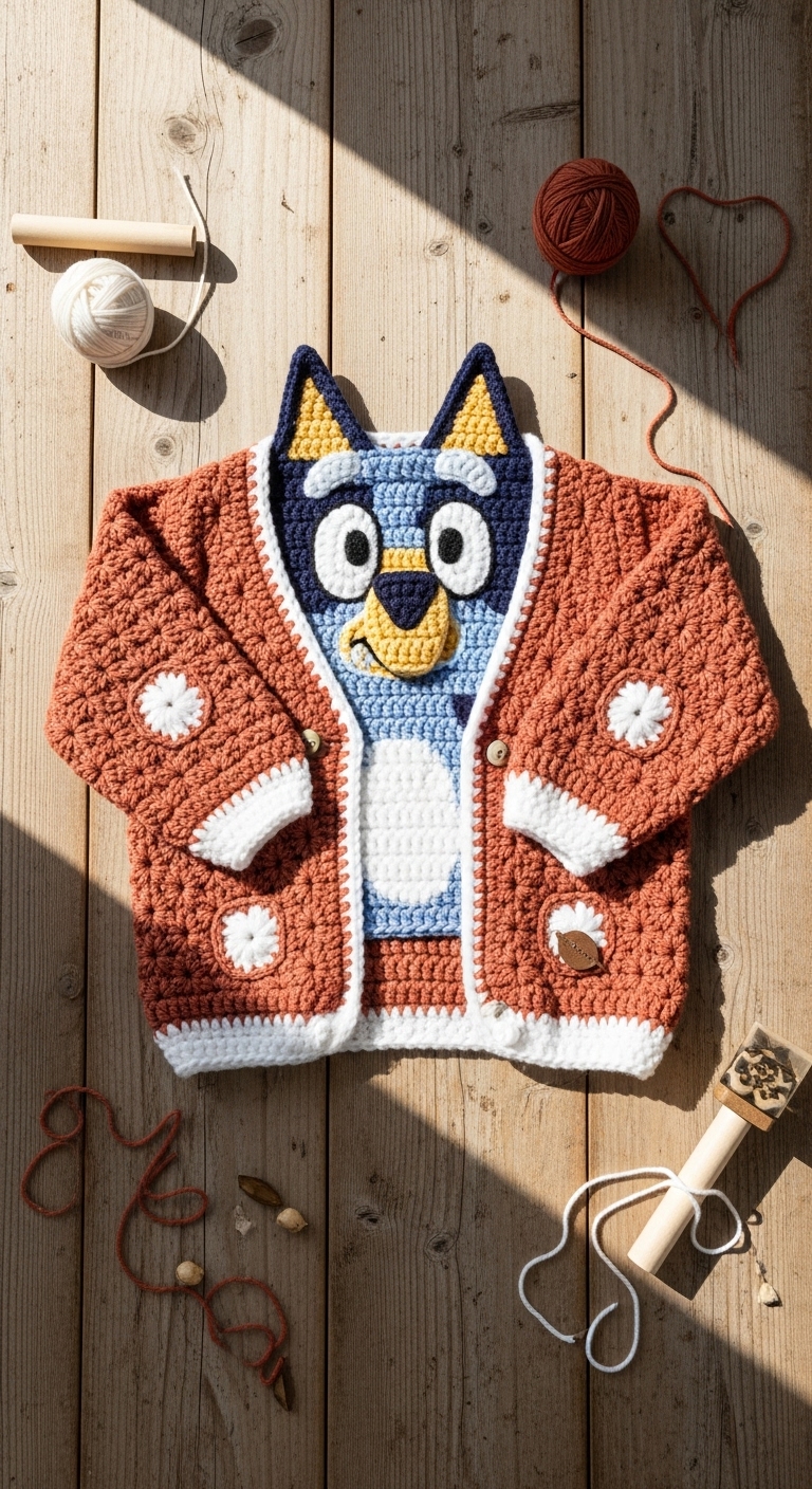 Bluey Inspired Blue Heeler Hexi Cardigan Free Crochet Pattern